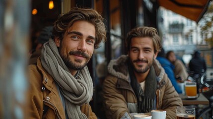 Fototapeta premium Two young men warmly dressed in jackets and scarves, enjoying a conversation over cups of coffee in a cozy outdoor café with a vibrant, lively atmosphere.