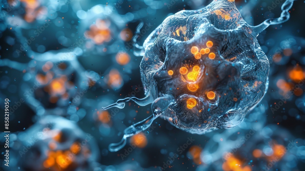 Poster a highly detailed close-up image of cells under a microscope, captured with bright and vibrant color