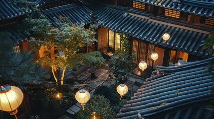 Obraz premium Solarpowered lanterns in a traditional Korean courtyard with energy storage building design and green interior design