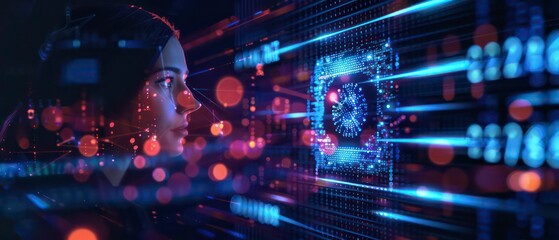 Imagining technology in future landscapes, where digital circles and starry patterns symbolize energy and time in a blue, glowing space of innovation