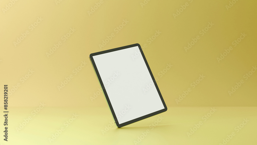 Poster realistic tablet mock up with blank screen on yellow background. tablet computer 3d illustration for