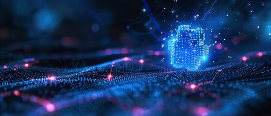 Imagining technology in future landscapes, where digital circles and starry patterns symbolize energy and time in a blue, glowing space of innovation