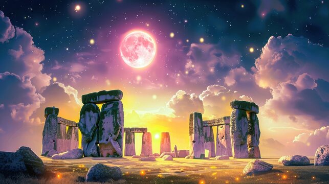 Fantasy night at Stonehenge, illuminated by a bright full moon and surrounded by a starry sky and vibrant sunset colors.