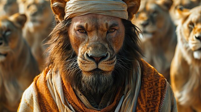 Biblical characters gather in a lion's den, their faces obscured in mystery. illustration images