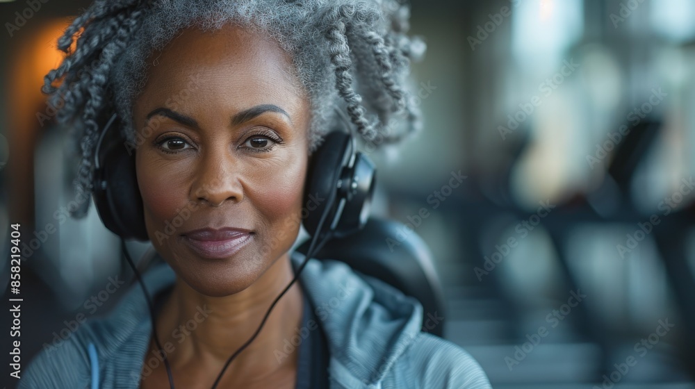 Wall mural A person with gray curly hair is seen at the gym wearing headphones and focusing on their workout routine. The image captures the joy and focus during the exercise.