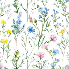 Pastel Wildflower and Greenery Seamless Pattern on White Background