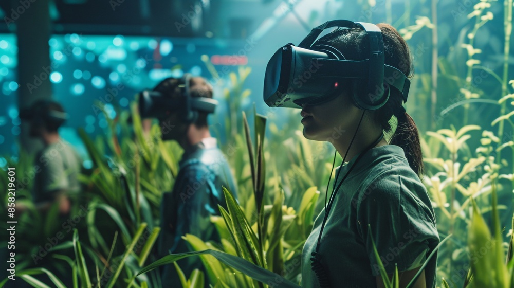 Poster embracing future technology: individuals wearing vr glasses immerse themselves in a virtual reality 