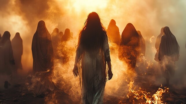 Biblical characters rejoice in Deborah's triumph, surrounded by a soft and ethereal backdrop. illustration images