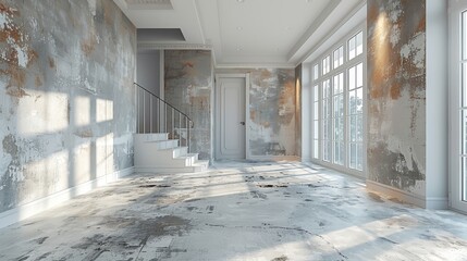 A large, empty room features unfinished walls with a distressed look, a curved staircase, and ample natural light streaming in through its expansive windows. A blend of raw and light aesthetics.