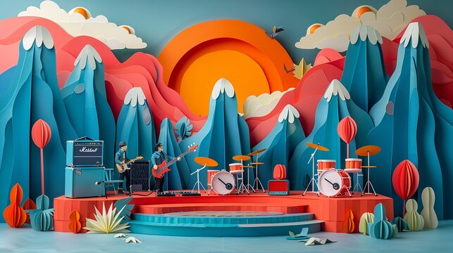 Paper craft music festival stage with live bands, ideal for concert promotions or posters. Illustration, Minimalism,