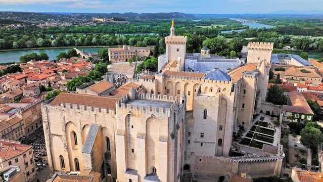 Aerial view of the largest and most important medieval Gothic buildings in Europe. Historical landmark Palais des Papes in Avignon, Southern France.
