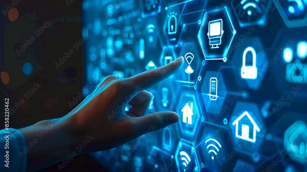 Aufkleber hand interacting with digital interface on futuristic screen. technology icons displayed. represents