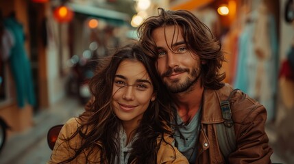 Obraz premium A couple wearing brown jackets enjoying a ride on the streets, surrounded by shops and a lively urban atmosphere, capturing a moment of joy and companionship.