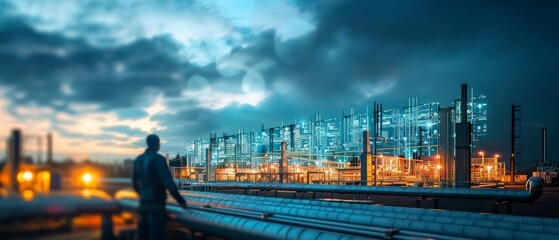 metal structures and cranes, a businessman surveys the bustling industry below, with a backdrop of steel buildings reaching into the cloudy night sky