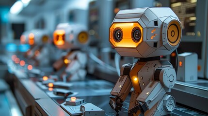 Paper craft futuristic robots in a high-tech laboratory, perfect for sci-fi concept art. Illustration, Minimalism,