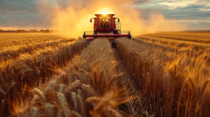 A combine harvester operates in a golden wheat field as the sun sets, casting a warm glow over the landscape, illustrating agricultural productivity and rural life.