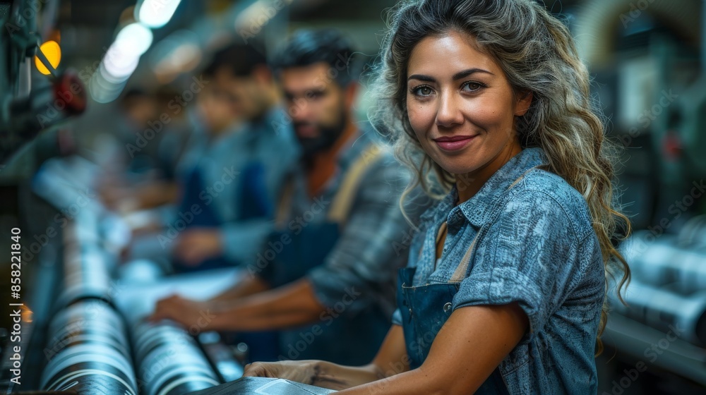 Poster people are engaged in operating machinery in a brightly lit factory environment, focusing on efficie