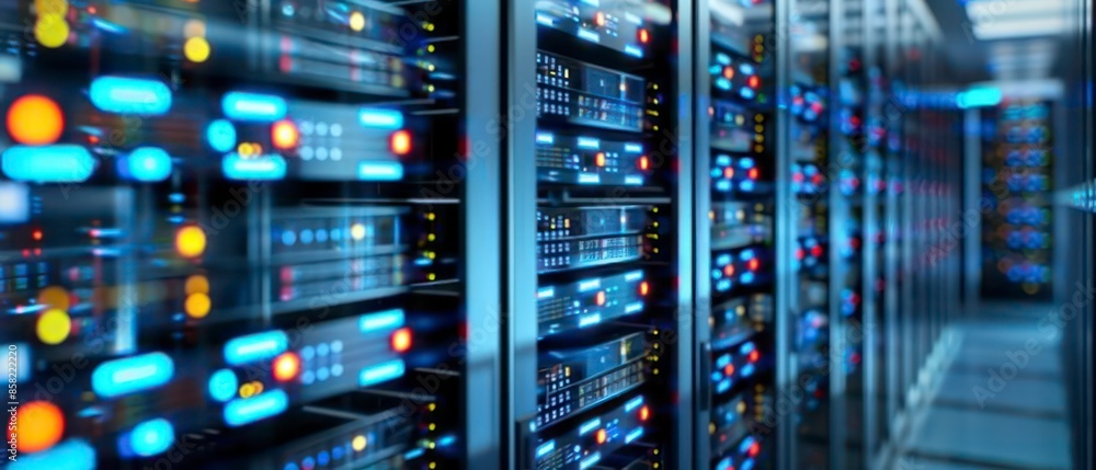 Poster computer technology in a server room, highlighting data storage, web infrastructure, and network equ