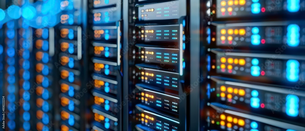 Poster computer technology in a server room, highlighting data storage, web infrastructure, and network equ