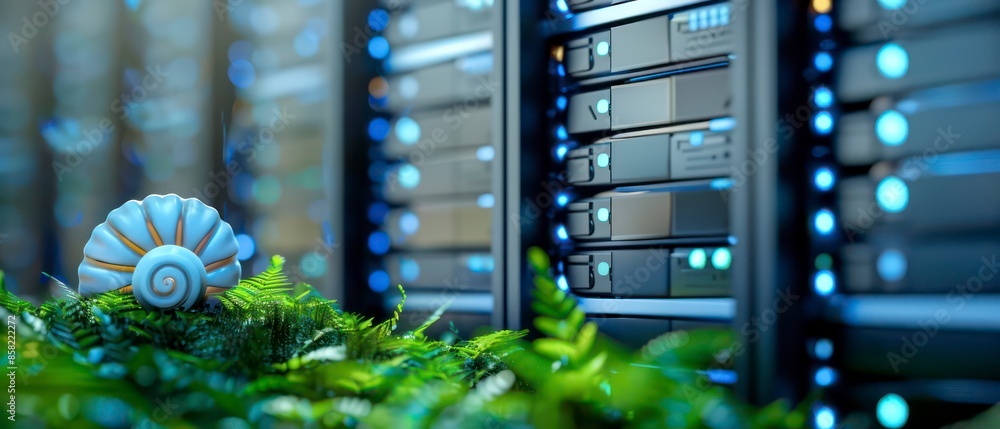 Poster computer technology in a server room, highlighting data storage, web infrastructure, and network equ