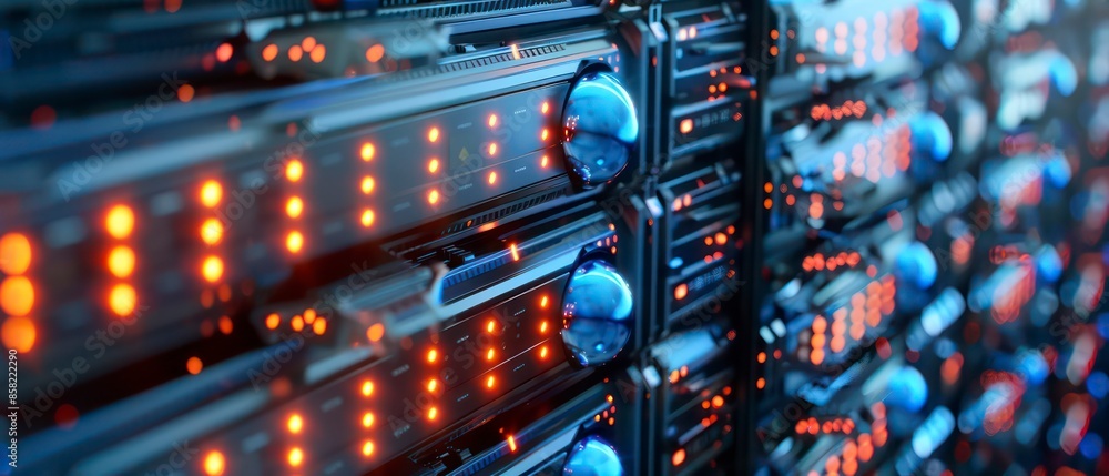 Poster computer technology in a server room, highlighting data storage, web infrastructure, and network equ