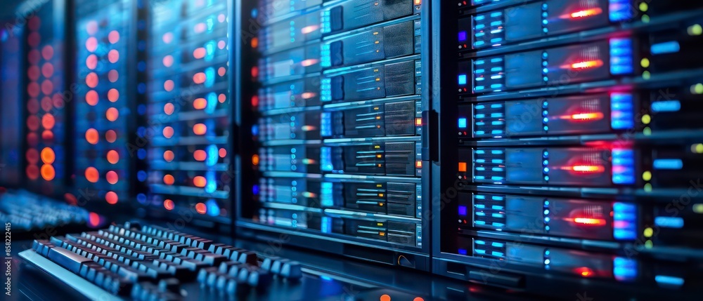Poster computer technology in a server room, highlighting data storage, web infrastructure, and network equ