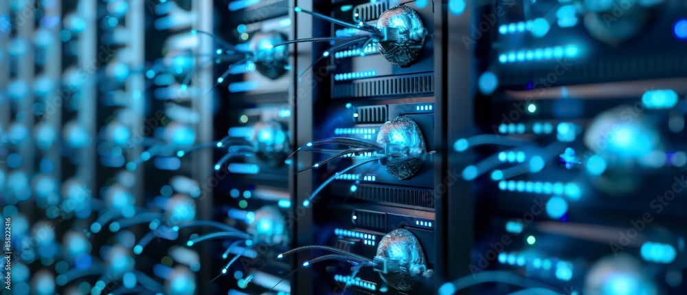 Poster computer technology in a server room, highlighting data storage, web infrastructure, and network equ
