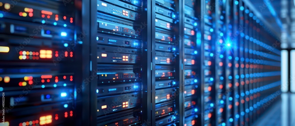 Poster computer technology in a server room, highlighting data storage, web infrastructure, and network equ