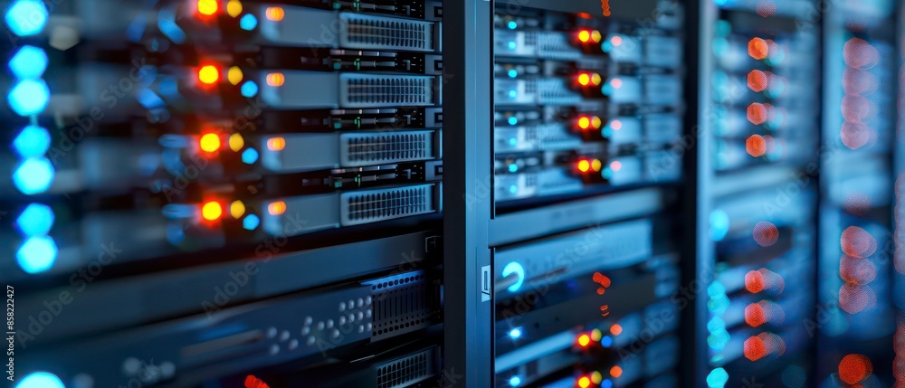 Poster computer technology in a server room, highlighting data storage, web infrastructure, and network equ