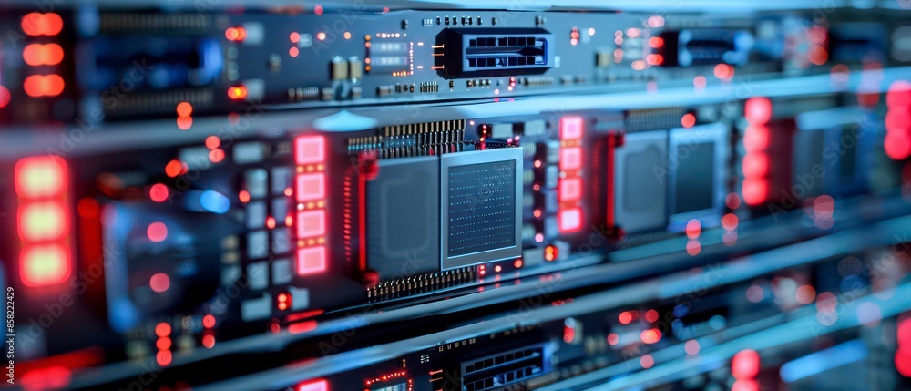 Poster computer technology in a server room, highlighting data storage, web infrastructure, and network equ