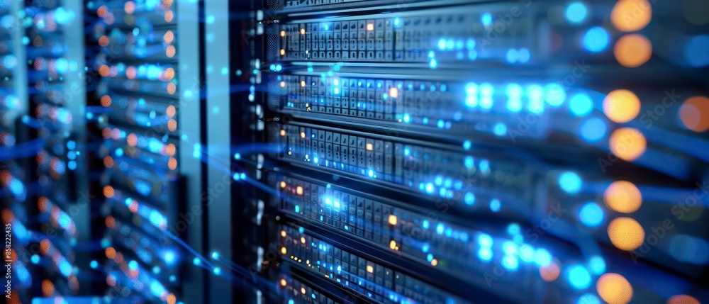 Poster computer technology in a server room, highlighting data storage, web infrastructure, and network equ