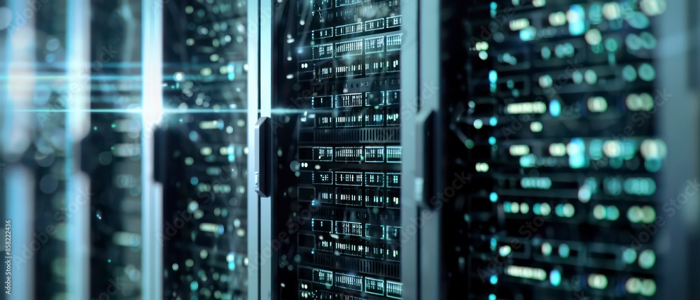 Poster computer technology in a server room, highlighting data storage, web infrastructure, and network equ