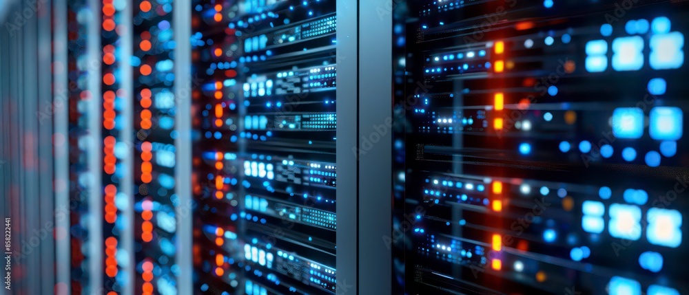 Poster computer technology in a server room, highlighting data storage, web infrastructure, and network equ