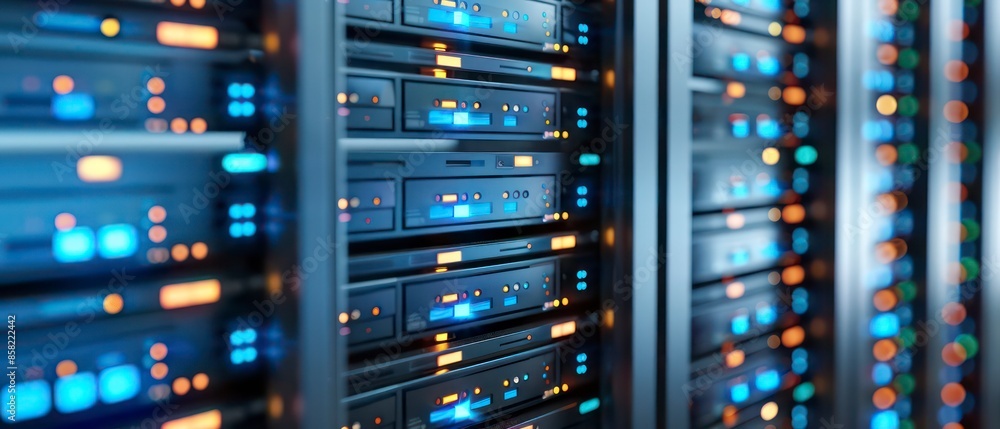 Poster computer technology in a server room, highlighting data storage, web infrastructure, and network equ