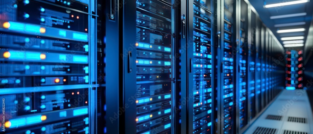 Poster computer technology in a server room, highlighting data storage, web infrastructure, and network equ