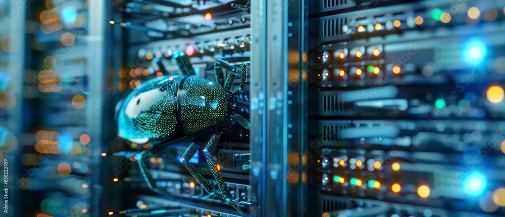 Poster computer technology in a server room, highlighting data storage, web infrastructure, and network equ