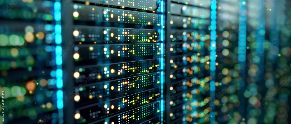 Poster computer technology in a server room, highlighting data storage, web infrastructure, and network equ