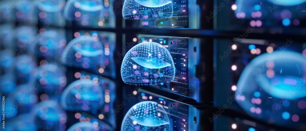 Poster computer technology in a server room, highlighting data storage, web infrastructure, and network equ