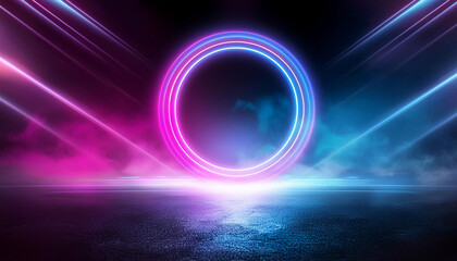 Glowing neon circle with colorful smoke on dark background. Pink and blue colors. Copy space. 3D