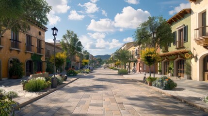 Naklejka premium Historic Spanish town featuring solarpowered street lamps