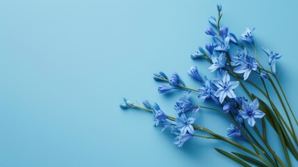 Spring flowers arrangement with blue flowers on blue backdrop for various occasions Captured from above with space for text