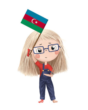 recommend clip art: Funny cute girl with flag of Azerbaijan. Bright clip art isolated