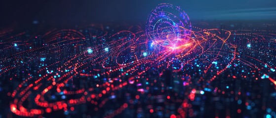 Obraz premium An abstract illustration blending light, energy, and motion in a fractal pattern, featuring blue hues against a black backdrop, symbolizing technological innovation and scientific concepts