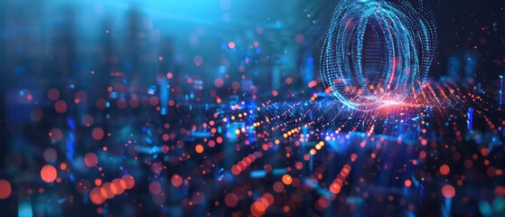 Fototapeta premium An abstract illustration blending light, energy, and motion in a fractal pattern, featuring blue hues against a black backdrop, symbolizing technological innovation and scientific concepts