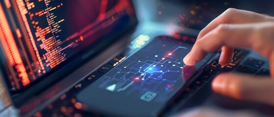Hands typing on a tablet screen in an office setting, illustrating business and technology integration for efficient work and communication over the internet