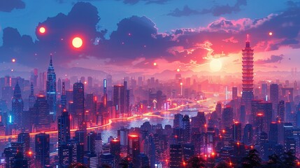 Fototapeta premium Paper craft futuristic cityscape at night, with neon lights and towering skyscrapers, perfect for cyberpunk artwork. Illustration, Minimalism,