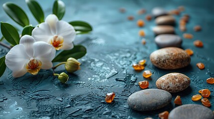 Zen stones, candles, and white orchid on neutral background evoke calmness and serenity, inviting relaxation and well-being. illustration images