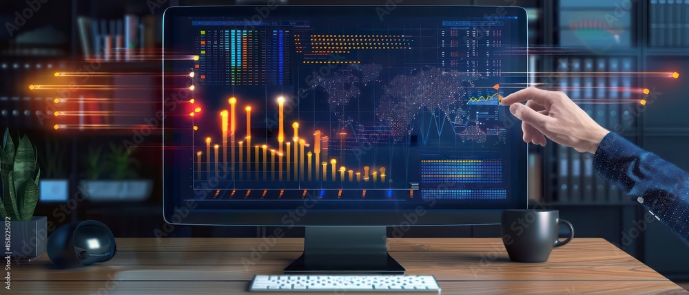 Poster technology-driven environment with computers and screens displaying digital data, reflecting the int