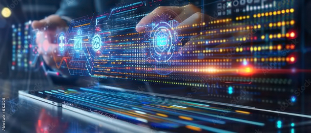 Poster technology-driven environment with computers and screens displaying digital data, reflecting the int