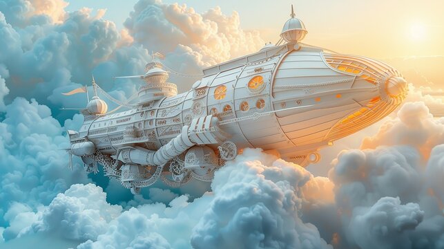 Paper craft fantasy airship soaring through the clouds, great for steampunk-themed designs. Illustration, Minimalism,